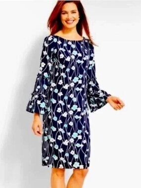 Talbots Floral Blossom Shift Dress Sz 8P Bell Sleeve Career Office Navy Blue